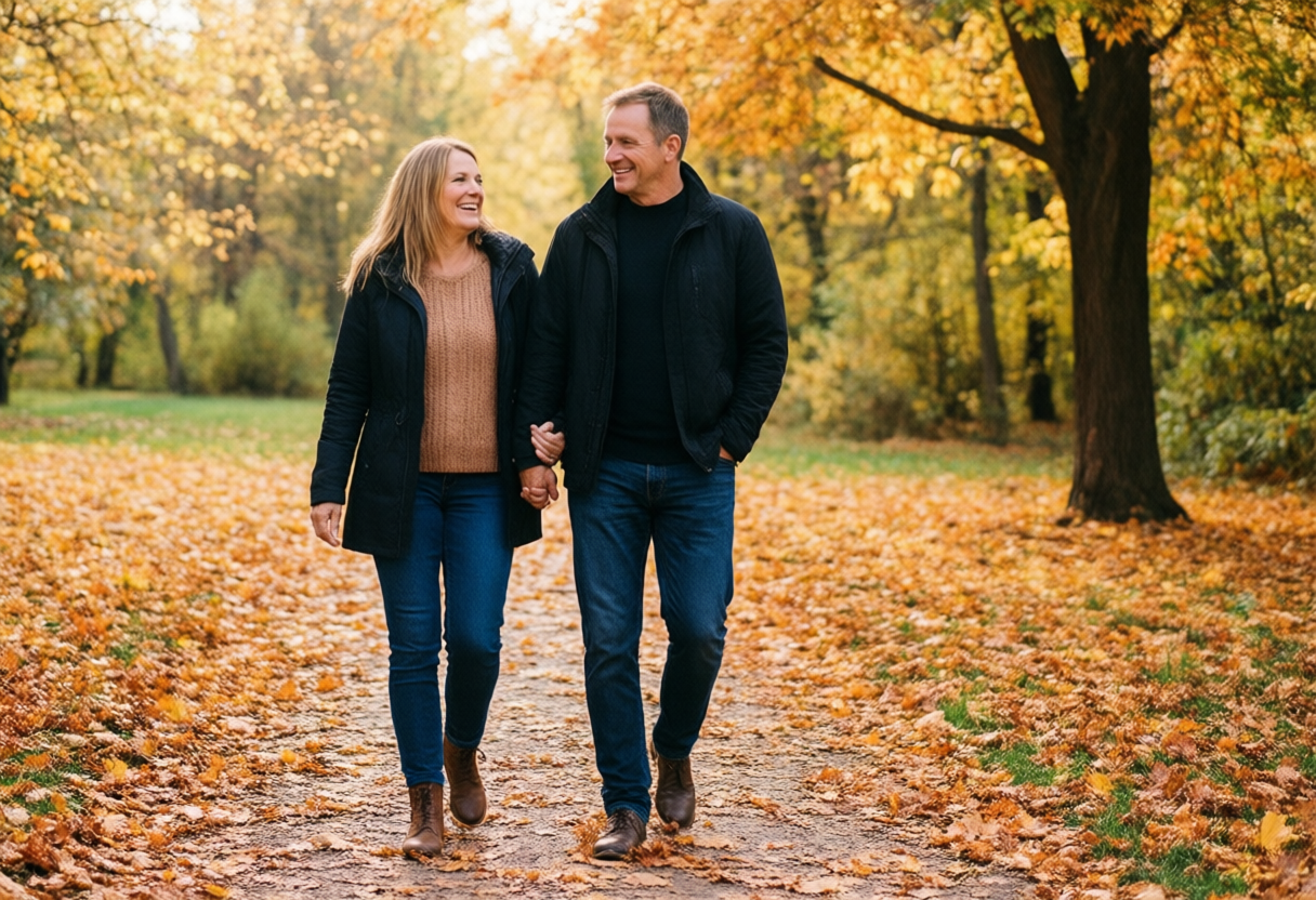 Sétáló pár egy kora őszi parkban