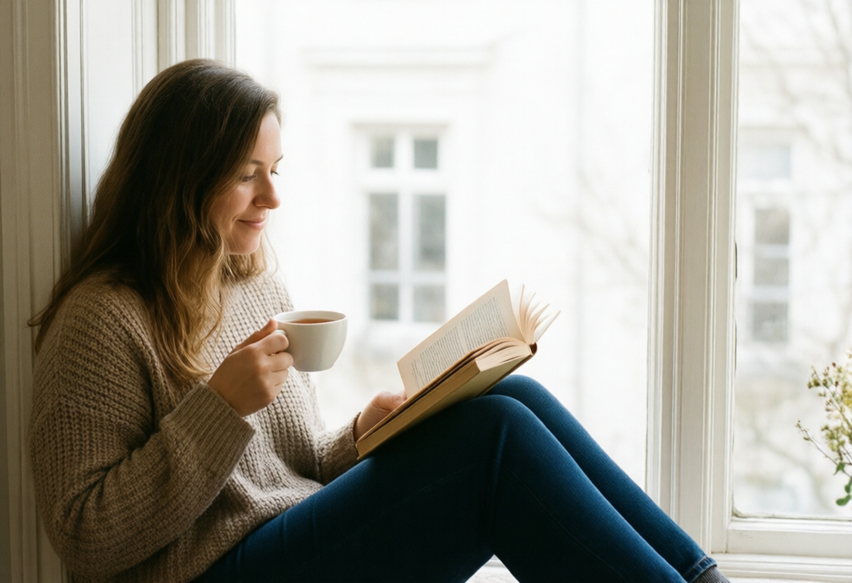 Ablaknál olvasó ember csészével